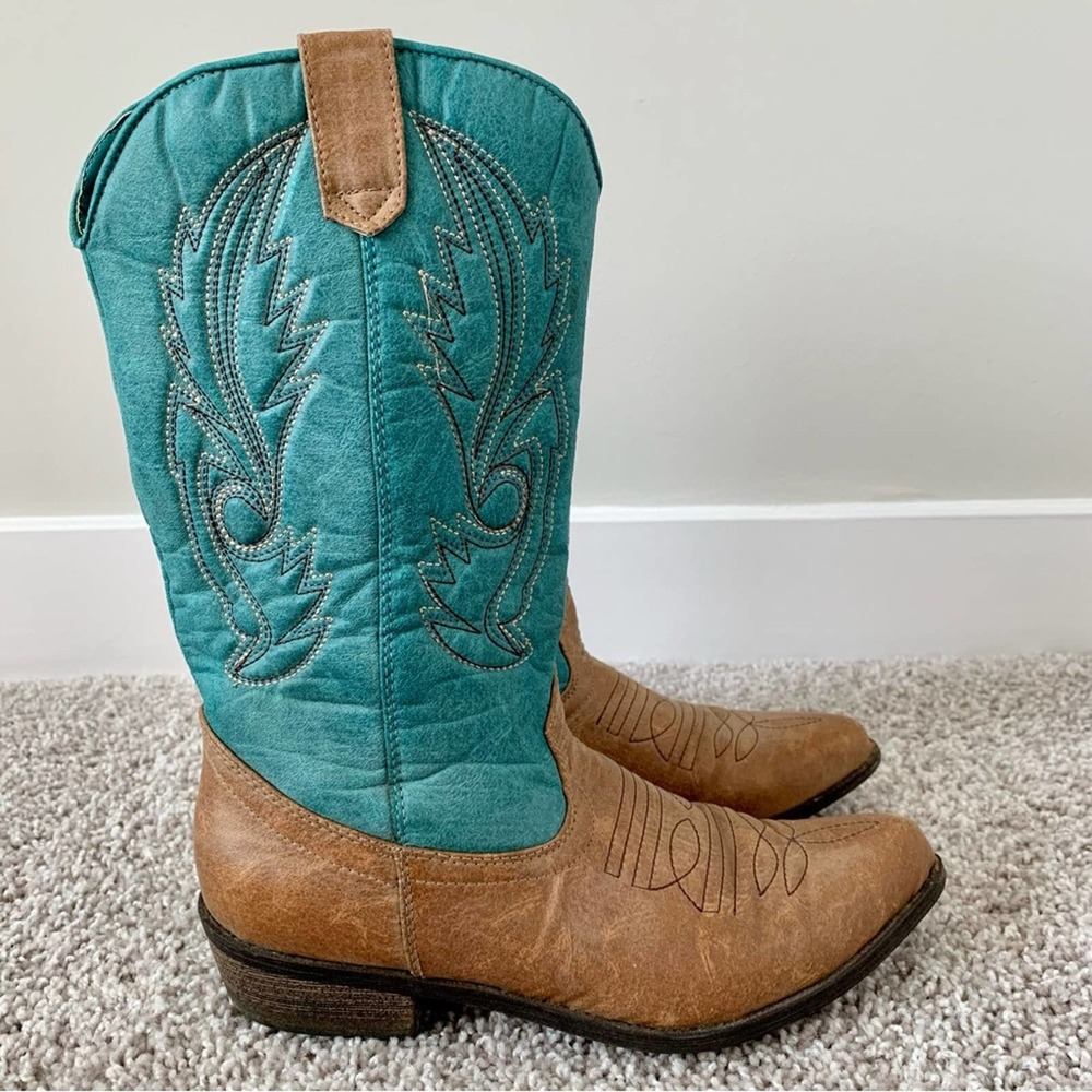Coconuts by Matisse Gaucho Cowboy Boots Turquoise/Tan - Picture 2 of 11